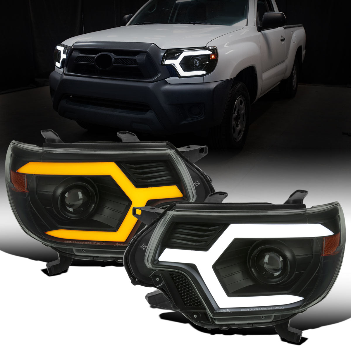 Ronnin - Fits 2012-2015 Toyota Tacoma LED Tube Running Lights Switchback Sequential Turn Signals Projector Headlights Assembly | Black Smoke
