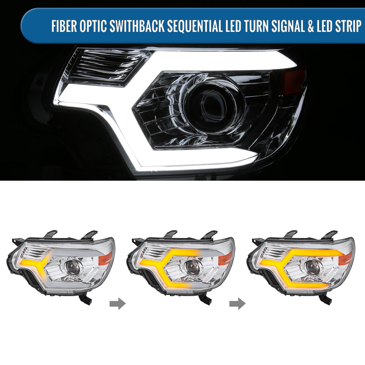 Ronnin - Fits 2012-2015 Toyota Tacoma LED Tube Running Lights Switchback Sequential Turn Signals Projector Headlights Assembly | Chrome