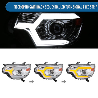 Ronnin - Fits 2012-2015 Toyota Tacoma LED Tube Running Lights Switchback Sequential Turn Signals Projector Headlights Assembly | Chrome