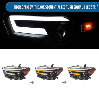 Ronnin - Fits 2016-2023 Toyota Tacoma Halogen Projector Headlights LED Tube Running Lights Switchback Sequential Turn Signals  Assembly | Black