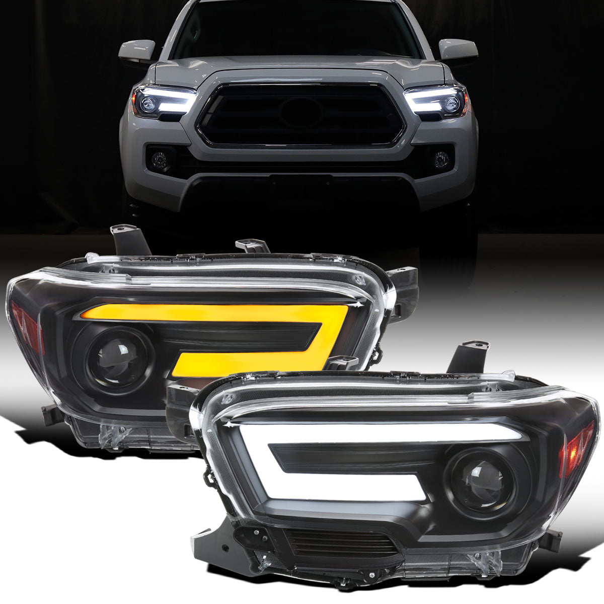 Ronnin - Fits 2016-2023 Toyota Tacoma Halogen Projector Headlights LED Tube Running Lights Switchback Sequential Turn Signals  Assembly | Black