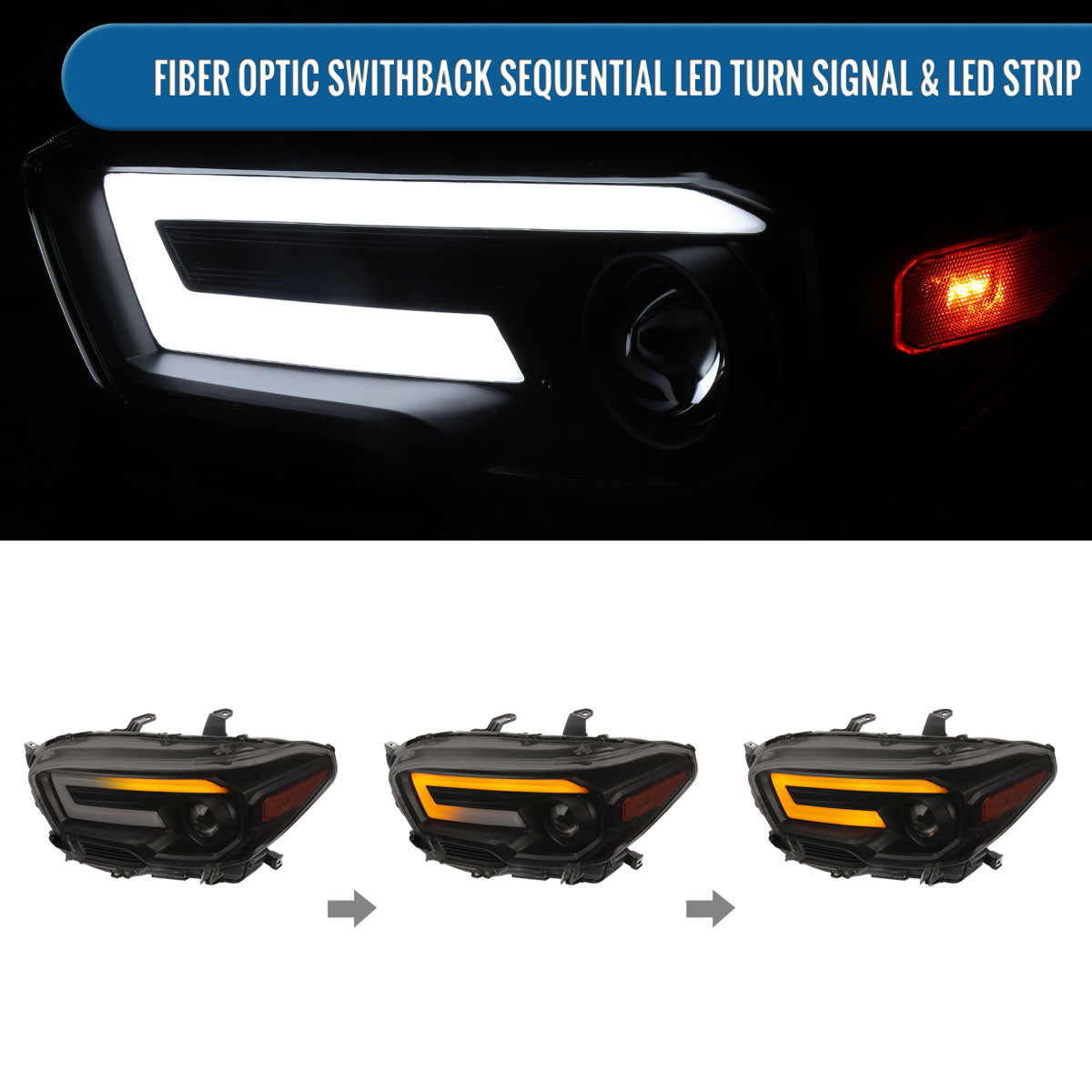 Ronnin - Fits 2016-2023 Toyota Tacoma Halogen Projector Headlights LED Tube Running Lights Switchback Sequential Turn Signals  Assembly | Black Smoke
