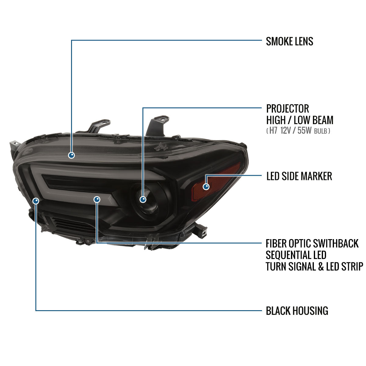 Ronnin - Fits 2016-2023 Toyota Tacoma Halogen Projector Headlights LED Tube Running Lights Switchback Sequential Turn Signals  Assembly | Black Smoke