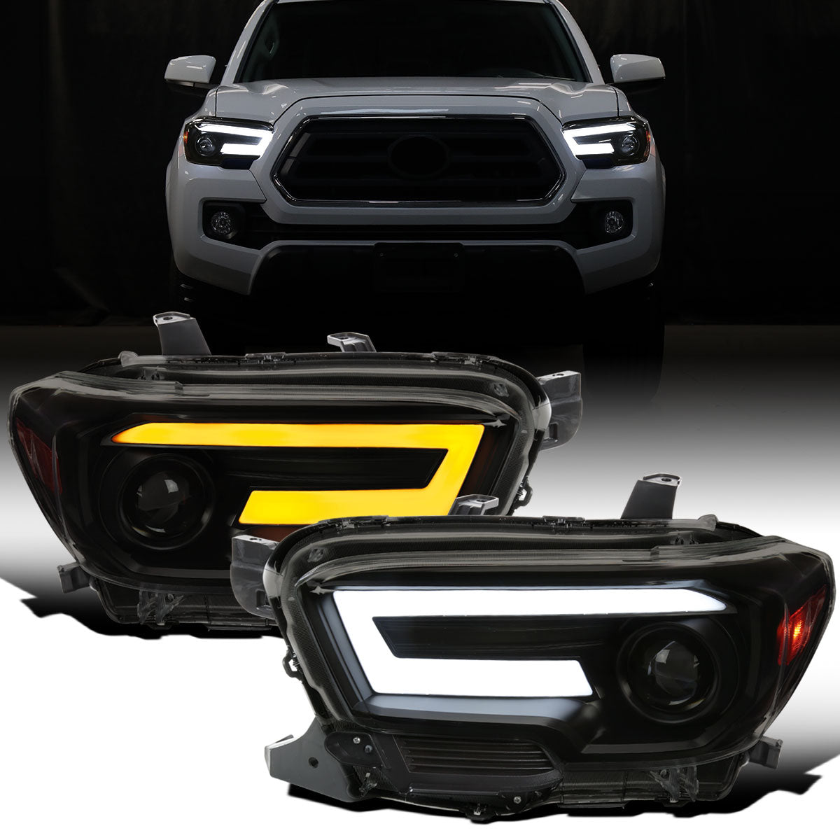 Ronnin - Fits 2016-2023 Toyota Tacoma Halogen Projector Headlights LED Tube Running Lights Switchback Sequential Turn Signals  Assembly | Black Smoke