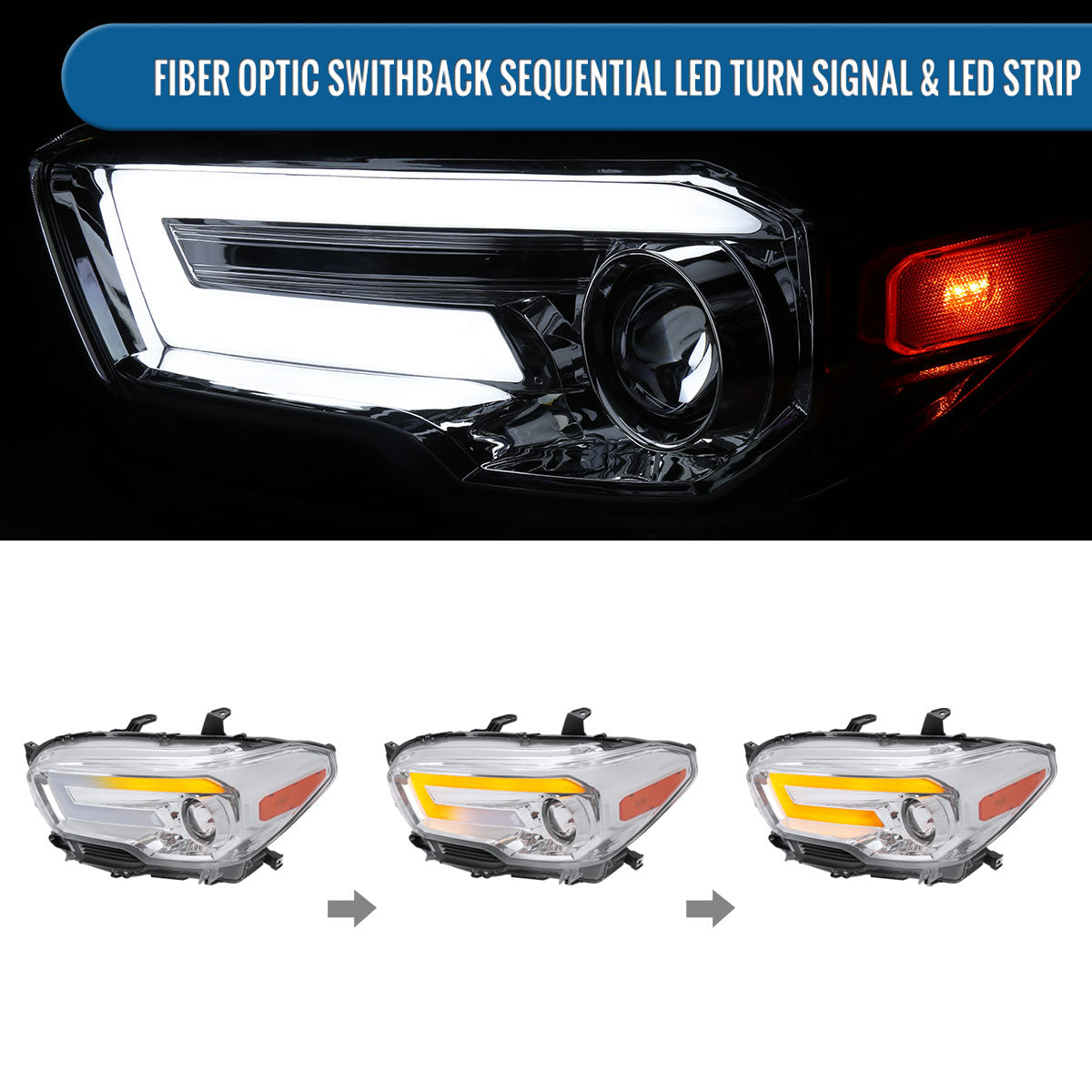 Ronnin - Fits 2016-2023 Toyota Tacoma Halogen Projector Headlights LED Tube Running Lights Switchback Sequential Turn Signals  Assembly | Chrome