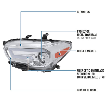 Ronnin - Fits 2016-2023 Toyota Tacoma Halogen Projector Headlights LED Tube Running Lights Switchback Sequential Turn Signals  Assembly | Chrome