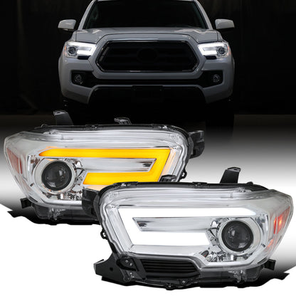 Ronnin - Fits 2016-2023 Toyota Tacoma Halogen Projector Headlights LED Tube Running Lights Switchback Sequential Turn Signals  Assembly | Chrome