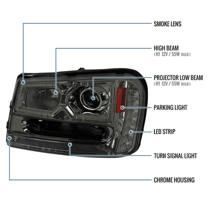 Ronnin - Fits 2002-2009 Chevy Trailblazer Upgraded Replacement LED Running Lights Halogen Projector Headlights Assembly Pair | Smoke