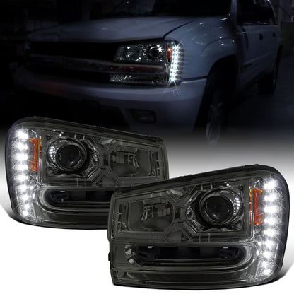 Ronnin - Fits 2002-2009 Chevy Trailblazer Upgraded Replacement LED Running Lights Halogen Projector Headlights Assembly Pair | Smoke