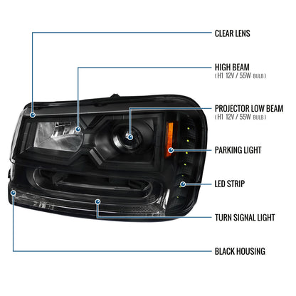 Ronnin - Fits 2002-2009 Chevy Trailblazer Upgraded Replacement LED Running Lights Halogen Projector Headlights Assembly Pair | Black