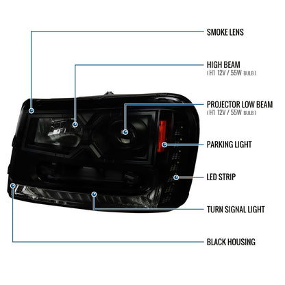 Ronnin - Fits 2002-2009 Chevy Trailblazer Upgraded Replacement LED Running Lights Halogen Projector Headlights Assembly Pair | Black Smoke