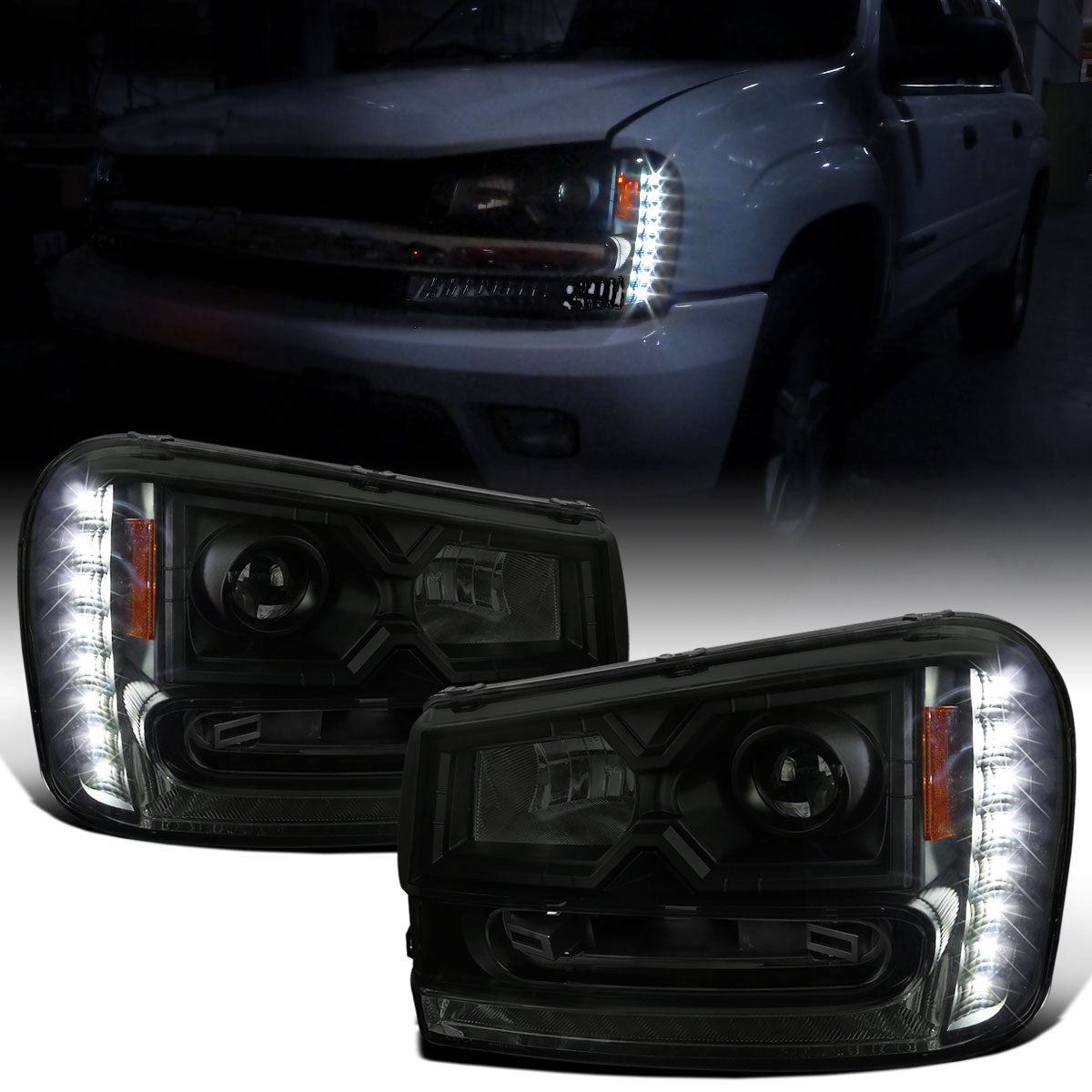 Ronnin - Fits 2002-2009 Chevy Trailblazer Upgraded Replacement LED Running Lights Halogen Projector Headlights Assembly Pair | Black Smoke