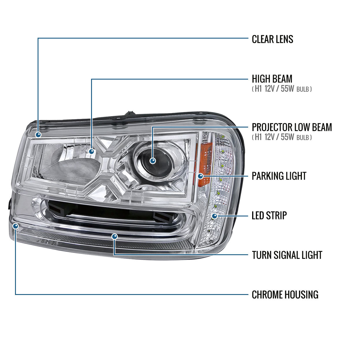 Ronnin - Fits 2002-2009 Chevy Trailblazer Upgraded Replacement LED Running Lights Halogen Projector Headlights Assembly Pair | Chrome