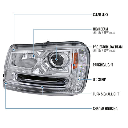 Ronnin - Fits 2002-2009 Chevy Trailblazer Upgraded Replacement LED Running Lights Halogen Projector Headlights Assembly Pair | Chrome