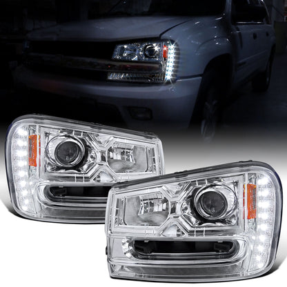 Ronnin - Fits 2002-2009 Chevy Trailblazer Upgraded Replacement LED Running Lights Halogen Projector Headlights Assembly Pair | Chrome