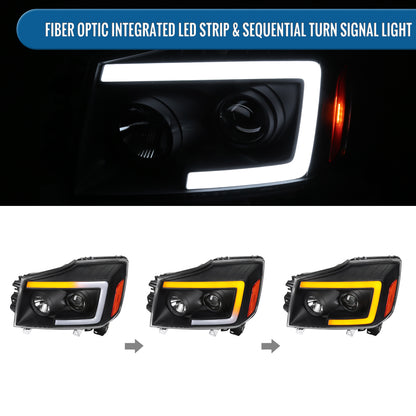 Ronnin - Fits 2004-2015 Nissan Armada Titan Upgraded Replacement Projector Headlights LED Switchback Sequential Turn Signals Assembly Pair | Black