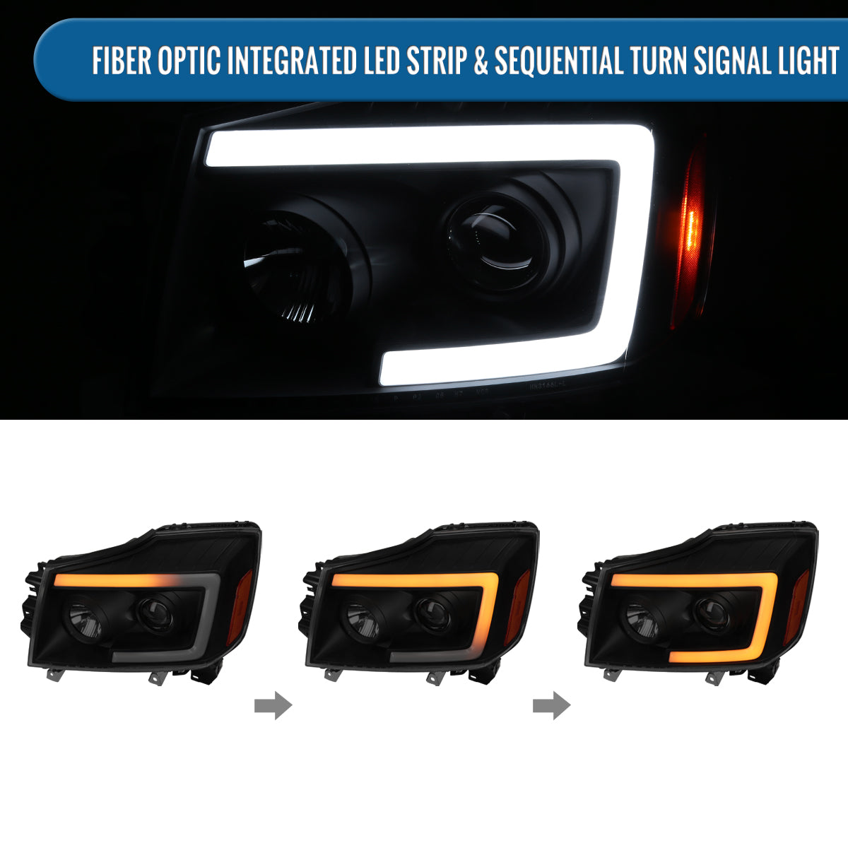 Ronnin - Fits 2004-2015 Nissan Armada Titan Upgraded Replacement Projector Headlights LED Switchback Sequential Turn Signals Assembly Pair | Black Smoke