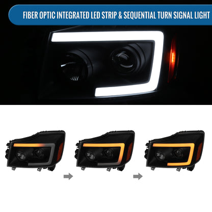 Ronnin - Fits 2004-2015 Nissan Armada Titan Upgraded Replacement Projector Headlights LED Switchback Sequential Turn Signals Assembly Pair | Black Smoke
