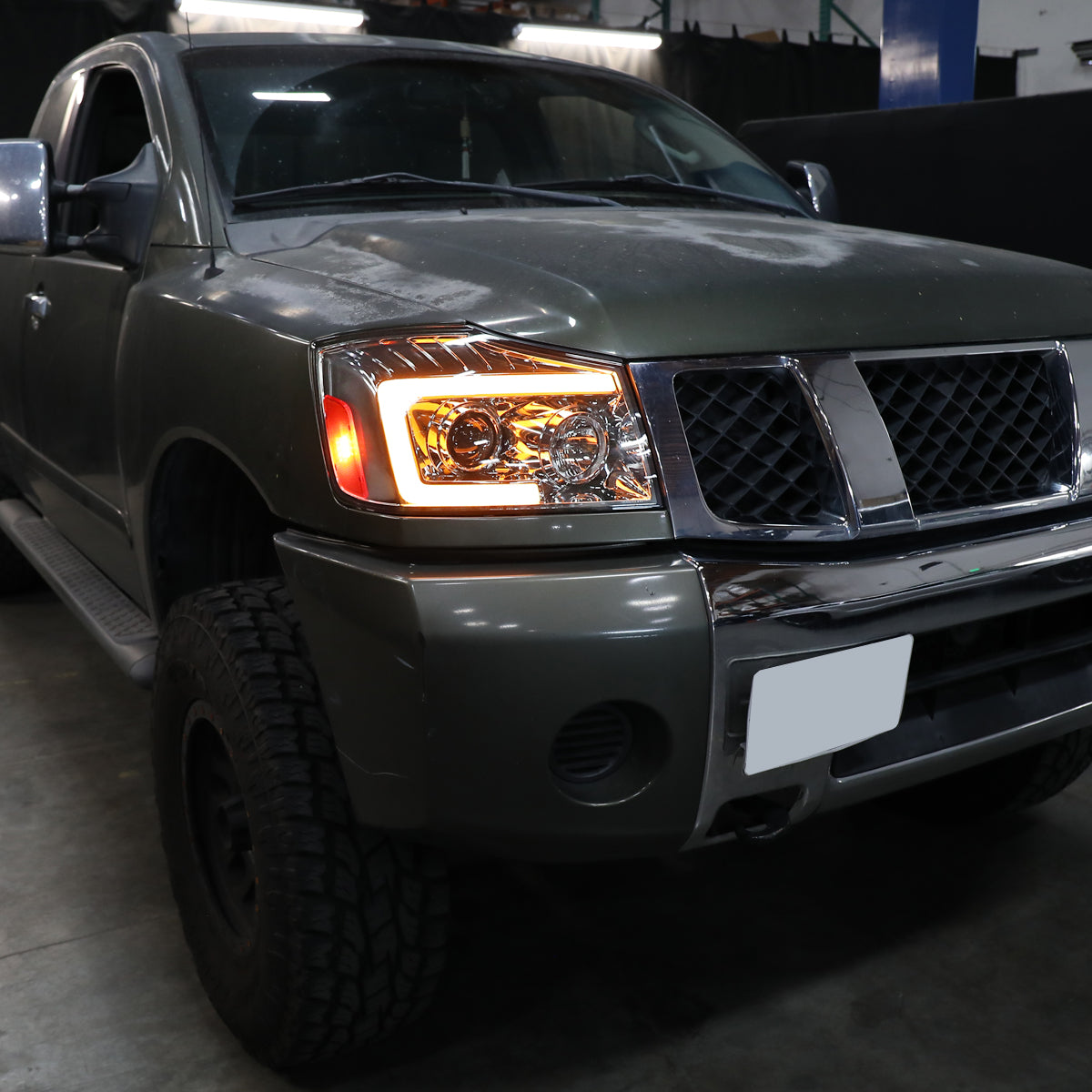 Ronnin - Fits 2004-2015 Nissan Armada Titan Upgraded Replacement Projector Headlights LED Switchback Sequential Turn Signals Assembly Pair | Chrome