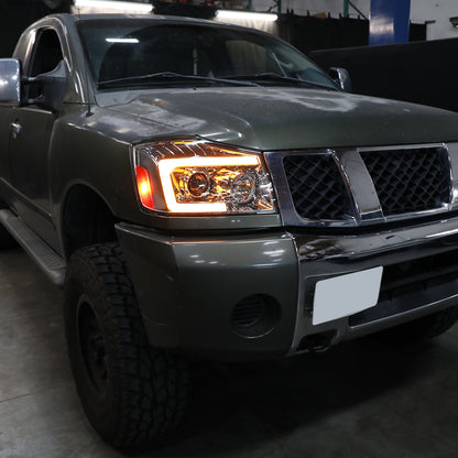 Ronnin - Fits 2004-2015 Nissan Armada Titan Upgraded Replacement Projector Headlights LED Switchback Sequential Turn Signals Assembly Pair | Chrome