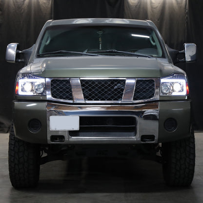 Ronnin - Fits 2004-2015 Nissan Armada Titan Upgraded Replacement Projector Headlights LED Switchback Sequential Turn Signals Assembly Pair | Chrome