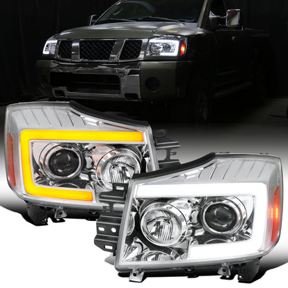 Ronnin - Fits 2004-2015 Nissan Armada Titan Upgraded Replacement Projector Headlights LED Switchback Sequential Turn Signals Assembly Pair | Chrome
