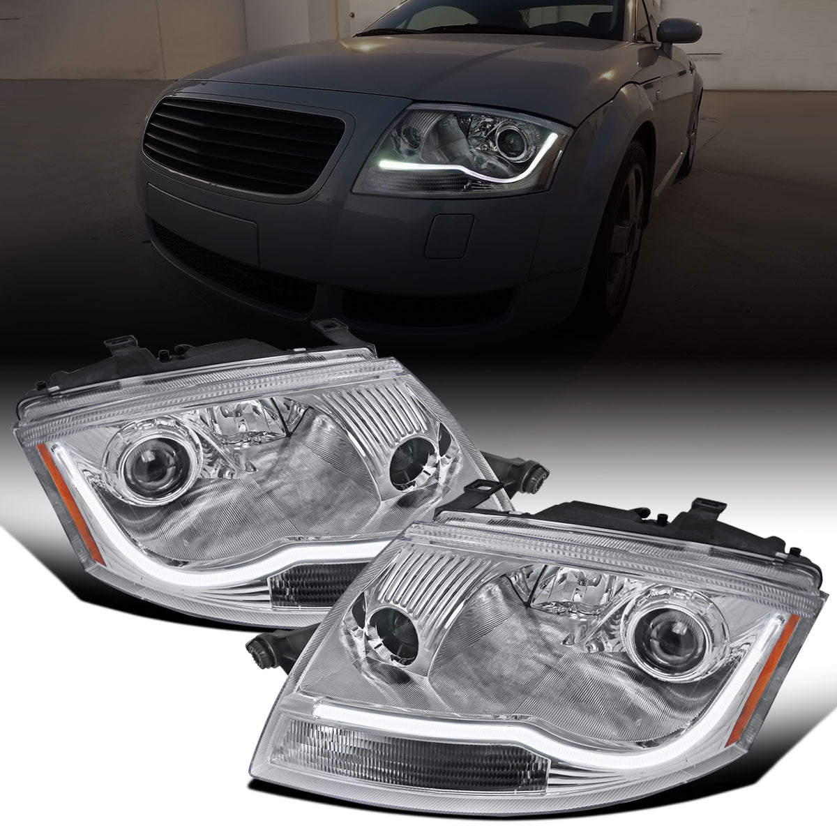 Ronnin - Fits 1999-2006 Audi TT Upgraded Replacement Halogen Projector Headlights + Fog Lamps LED Running Lights Assembly Pair | Chrome