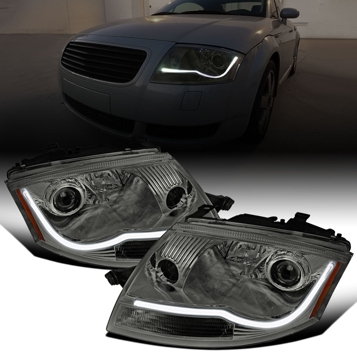 Ronnin - Fits 1999-2006 Audi TT Upgraded Replacement Halogen Projector Headlights + Fog Lamps LED Running Lights Assembly Pair | Smoke