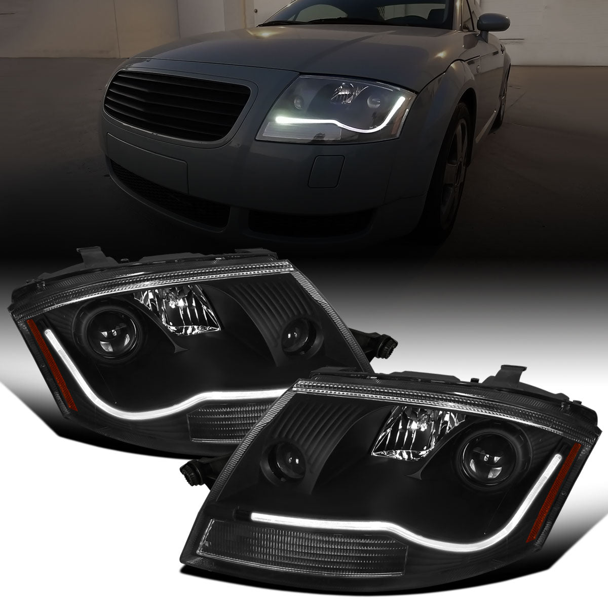 Ronnin - Fits 1999-2006 Audi TT Upgraded Replacement Halogen Projector Headlights + Fog Lamps LED Running Lights Assembly Pair | Black