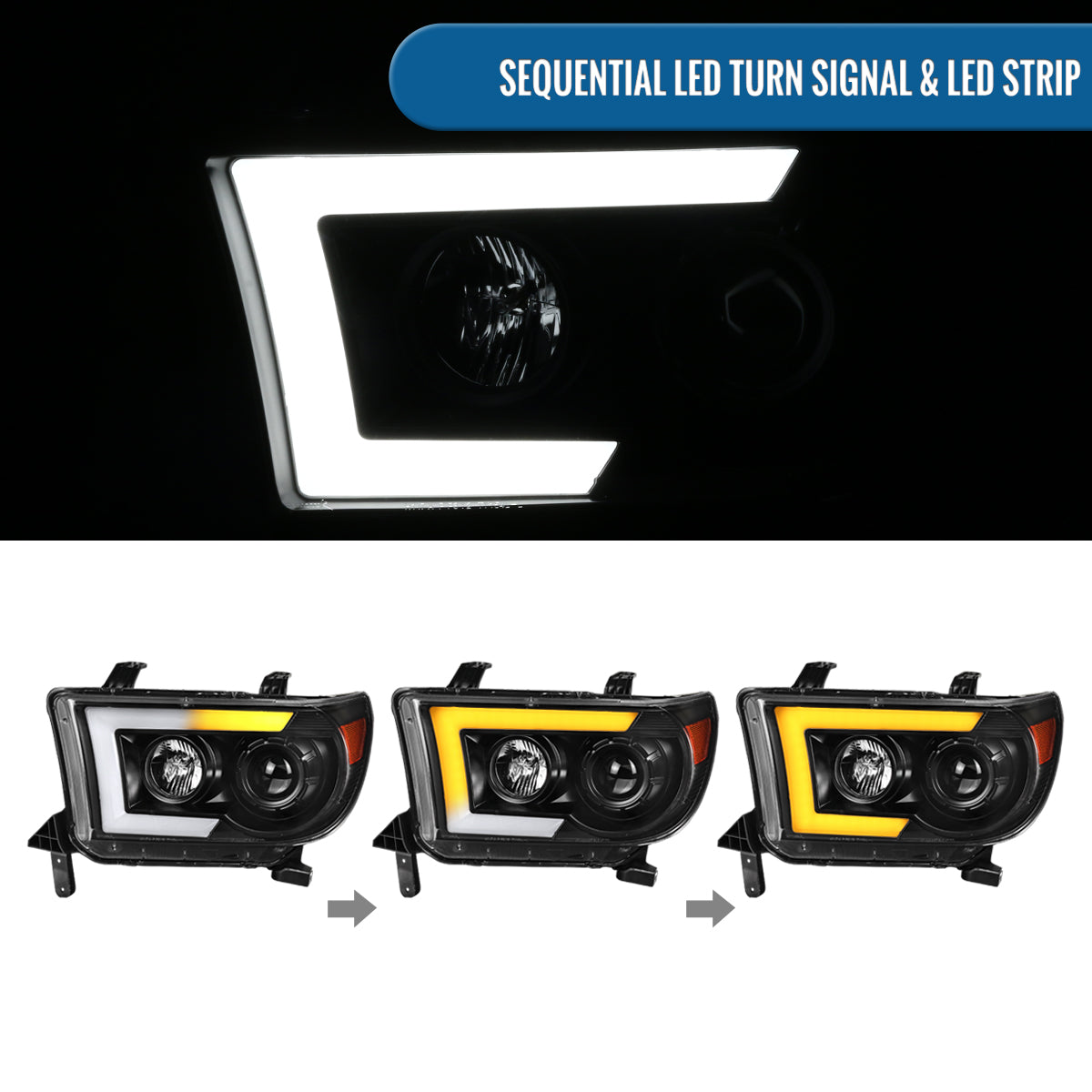Ronnin - Fits 2007-2013 Toyota Tundra 2008-2017 Sequoia Projector Headlights LED Switchback Sequential Turn Signals Replacement Assembly Pair | Black