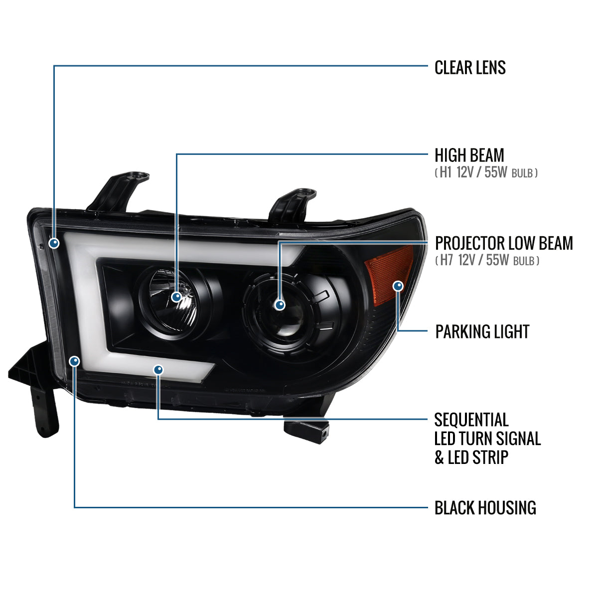 Ronnin - Fits 2007-2013 Toyota Tundra 2008-2017 Sequoia Projector Headlights LED Switchback Sequential Turn Signals Replacement Assembly Pair | Black