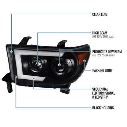 Ronnin - Fits 2007-2013 Toyota Tundra 2008-2017 Sequoia Projector Headlights LED Switchback Sequential Turn Signals Replacement Assembly Pair | Black