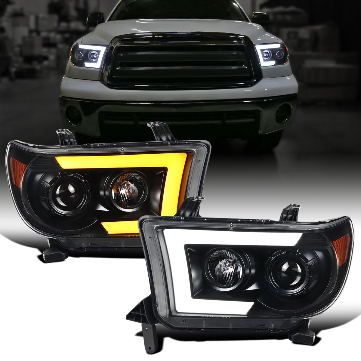 Ronnin - Fits 2007-2013 Toyota Tundra 2008-2017 Sequoia Projector Headlights LED Switchback Sequential Turn Signals Replacement Assembly Pair | Black