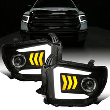 Ronnin - Fits 2014-2021 Toyota Tundra Upgraded Factory Replacement LED Tube Running Lights Sequential Turn Signals Halogen Projector Headlights Assembly Pair | Black Smoke