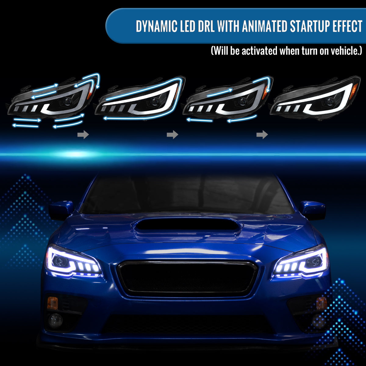 Ronnin - Compatible con Subaru WRX STI 2015-2021 Mejora de Faros Delanteros Halógenos con Proyector LED Secuenciales de Doble Función + Efecto de Inicio Animado Par | Negro