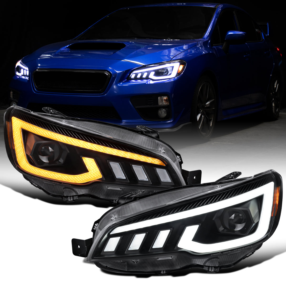 Ronnin - Compatible con Subaru WRX STI 2015-2021 Mejora de Faros Delanteros Halógenos con Proyector LED Secuenciales de Doble Función + Efecto de Inicio Animado Par | Negro