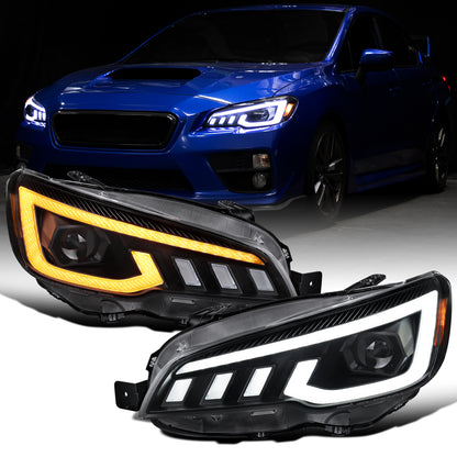 Ronnin - Compatible con Subaru WRX STI 2015-2021 Mejora de Faros Delanteros Halógenos con Proyector LED Secuenciales de Doble Función + Efecto de Inicio Animado Par | Negro