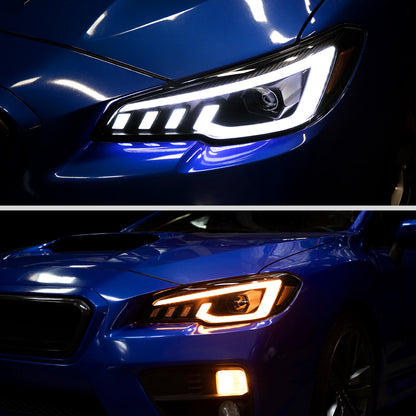 Ronnin - Se adapta a Subaru WRX STI 2015-2021 Mejora de Faros Delanteros de Proyector Halógenos con Señales de Giro Secuenciales LED Switchback + Efecto de Inicio Animado Par | Negro Ahumado
