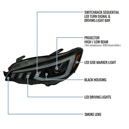 Ronnin - Se adapta a Subaru WRX STI 2015-2021 Mejora de Faros Delanteros de Proyector Halógenos con Señales de Giro Secuenciales LED Switchback + Efecto de Inicio Animado Par | Negro Ahumado