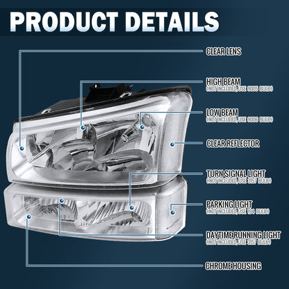 Ronnin - Compatible con Chevy Avalanche Silverado 2002-2007, juego de faros delanteros con reflector transparente de repuesto y luces de parachoques | Cromado