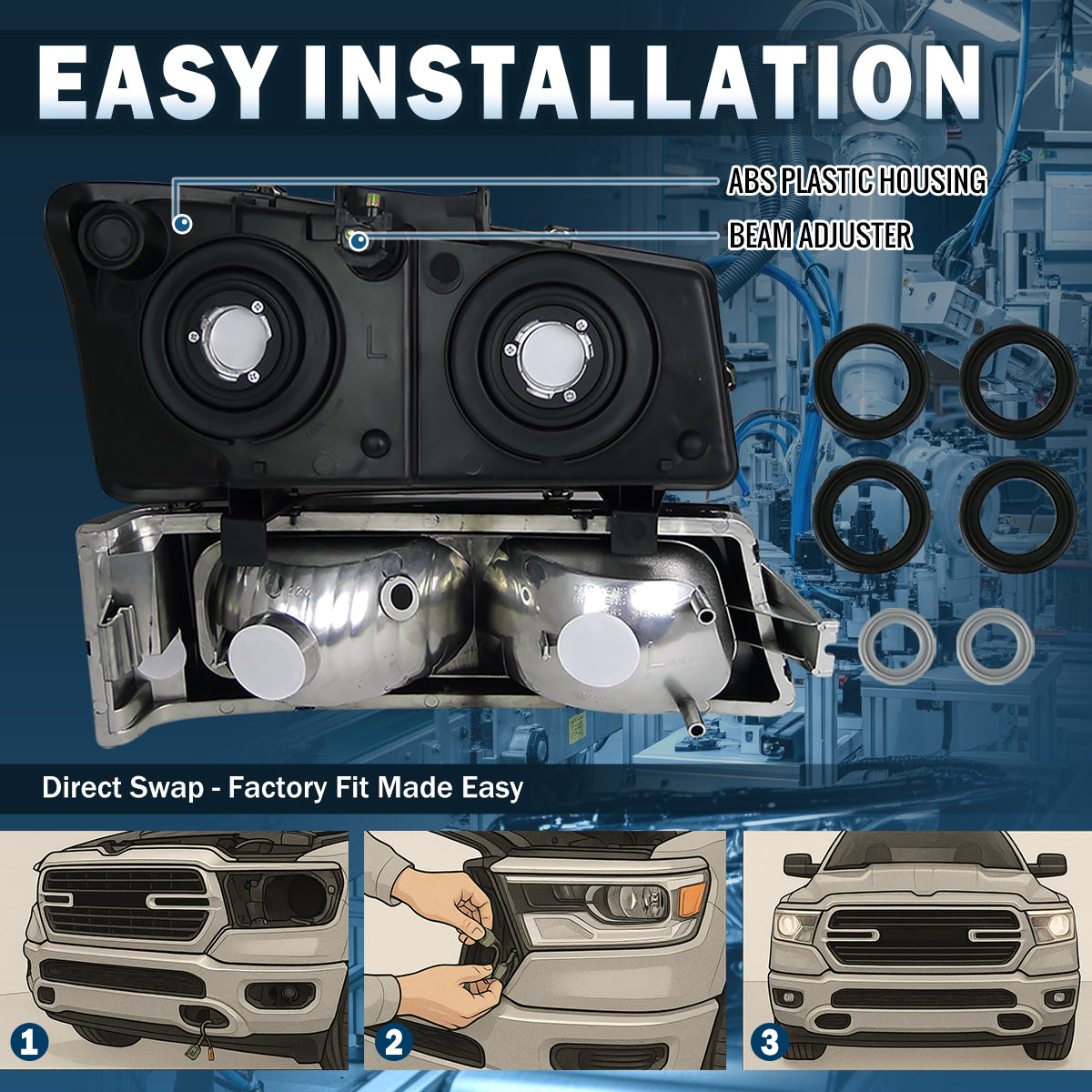 Ronnin - Compatible con Chevy Avalanche Silverado 2002-2007, juego de faros delanteros con reflector transparente de repuesto y luces de parachoques | Cromado