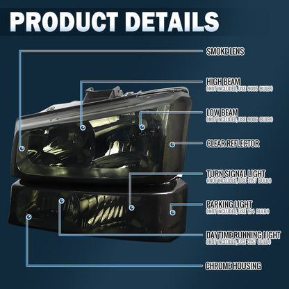 Ronnin - Compatible con Chevy Avalanche Silverado 2002-2007. Faros delanteros con reflectores transparentes y luces de parachoques de repuesto. Par | Ahumado