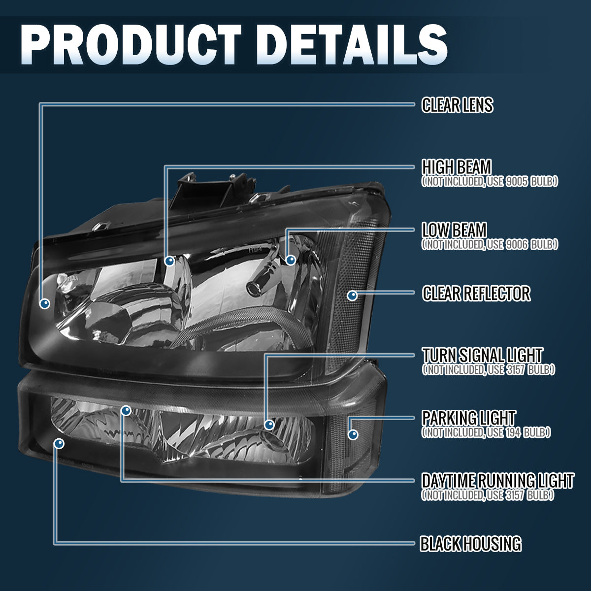 Ronnin - Se adapta a Chevy Avalanche Silverado 2002-2007 Reemplazo Faros de Reflector Transparentes + Par de Montaje de Luces de Parachoques | Negro