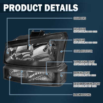 Ronnin - Se adapta a Chevy Avalanche Silverado 2002-2007 Reemplazo Faros de Reflector Transparentes + Par de Montaje de Luces de Parachoques | Negro