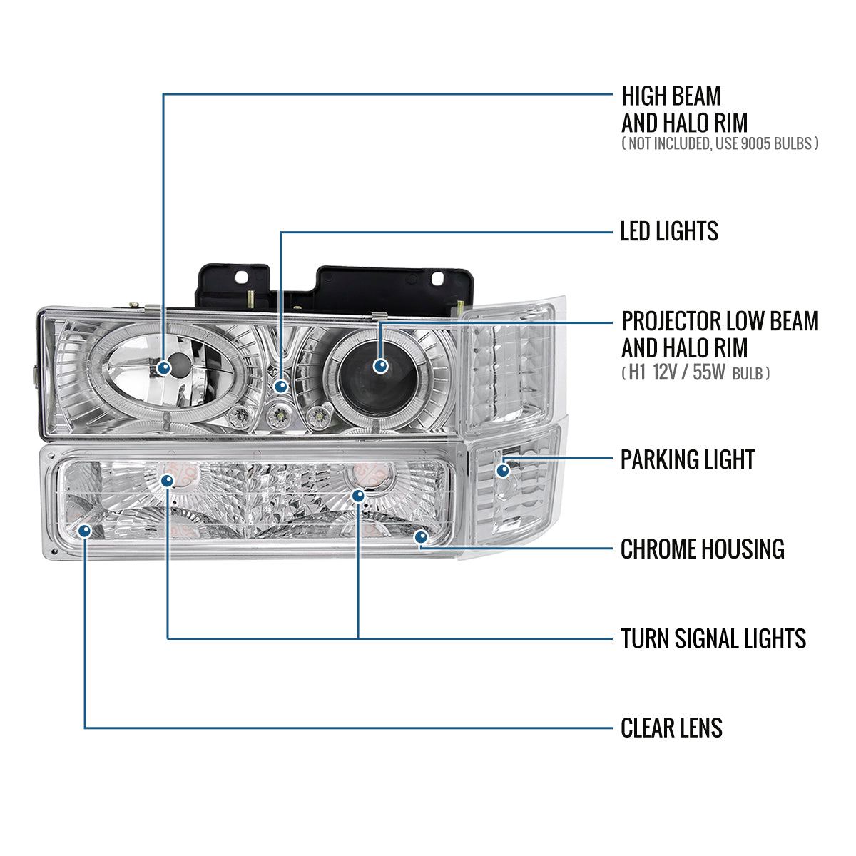 Ronnin - Compatible con Chevy C10 C/K 1500 2500 3500 Silverado Suburban Tahoe de 1994-1998 Faros delanteros con reflector transparente + luces direccionales de esquina + luces de estacionamiento de parachoques (par) | Cromo