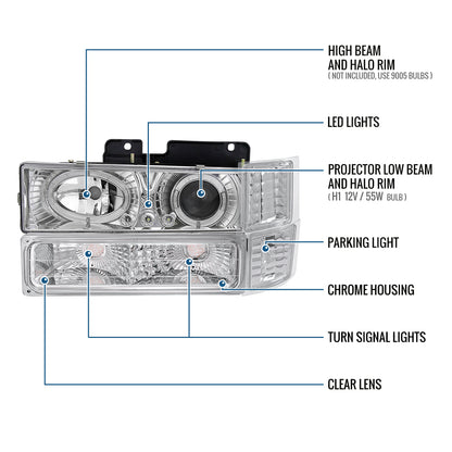 Ronnin - Compatible con Chevy C10 C/K 1500 2500 3500 Silverado Suburban Tahoe de 1994-1998 Faros delanteros con reflector transparente + luces direccionales de esquina + luces de estacionamiento de parachoques (par) | Cromo