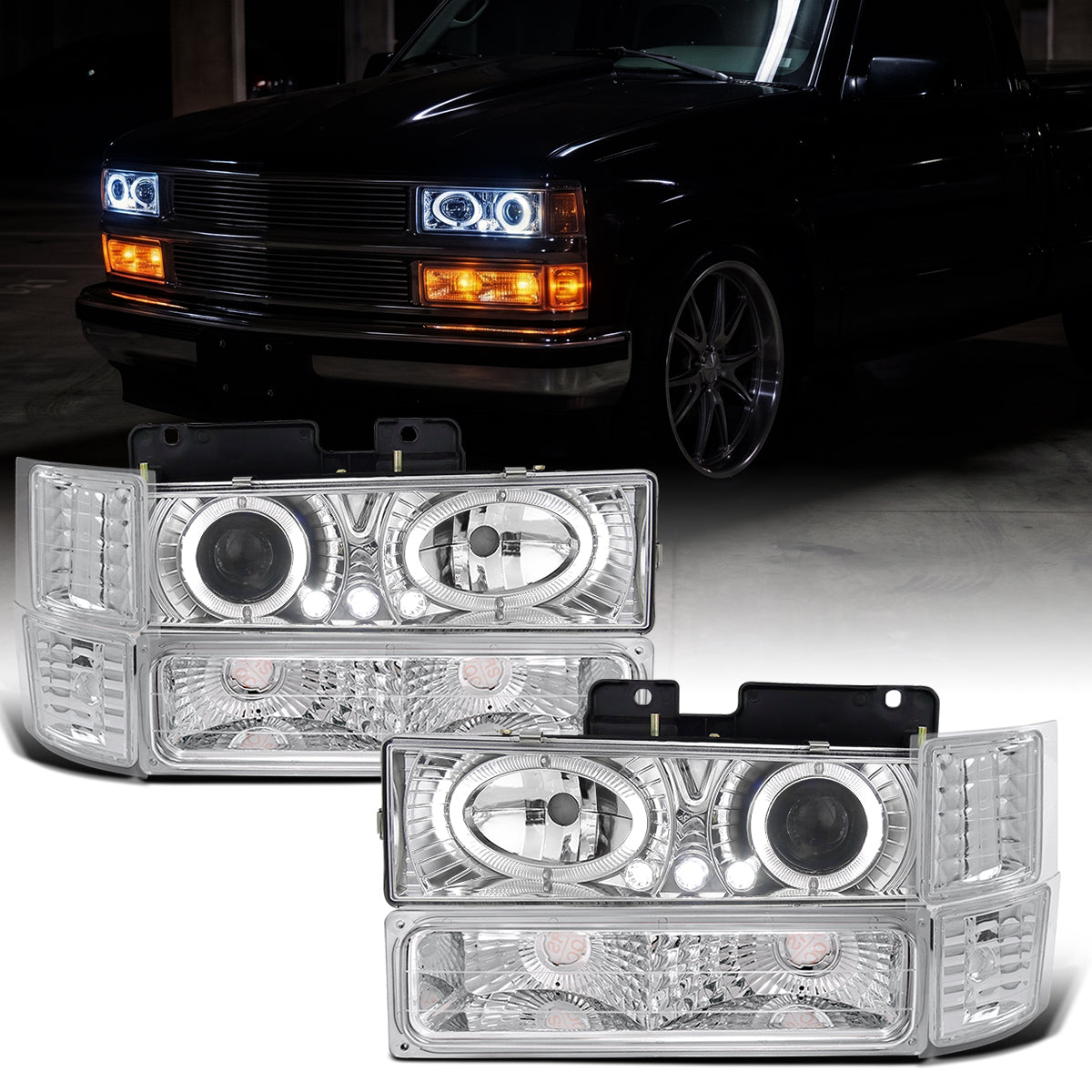 Ronnin - Compatible con Chevy C10 C/K 1500 2500 3500 Silverado Suburban Tahoe de 1994-1998 Faros delanteros con reflector transparente + luces direccionales de esquina + luces de estacionamiento de parachoques (par) | Cromo