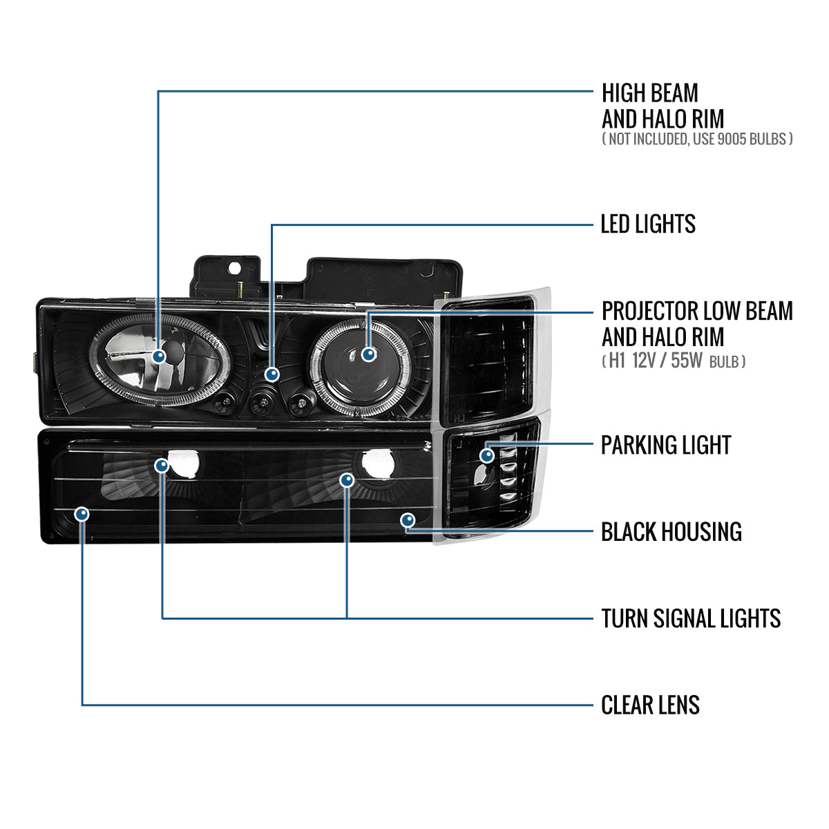1994-1998 Chevy C10 C/K 1500 2500 3500 Silverado Suburban Tahoe Clear Reflector Headlights + Signal Corner + Bumper Parking Lights Assembly Pair | Black