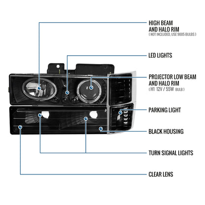 1994-1998 Chevy C10 C/K 1500 2500 3500 Silverado Suburban Tahoe Clear Reflector Headlights + Signal Corner + Bumper Parking Lights Assembly Pair | Black