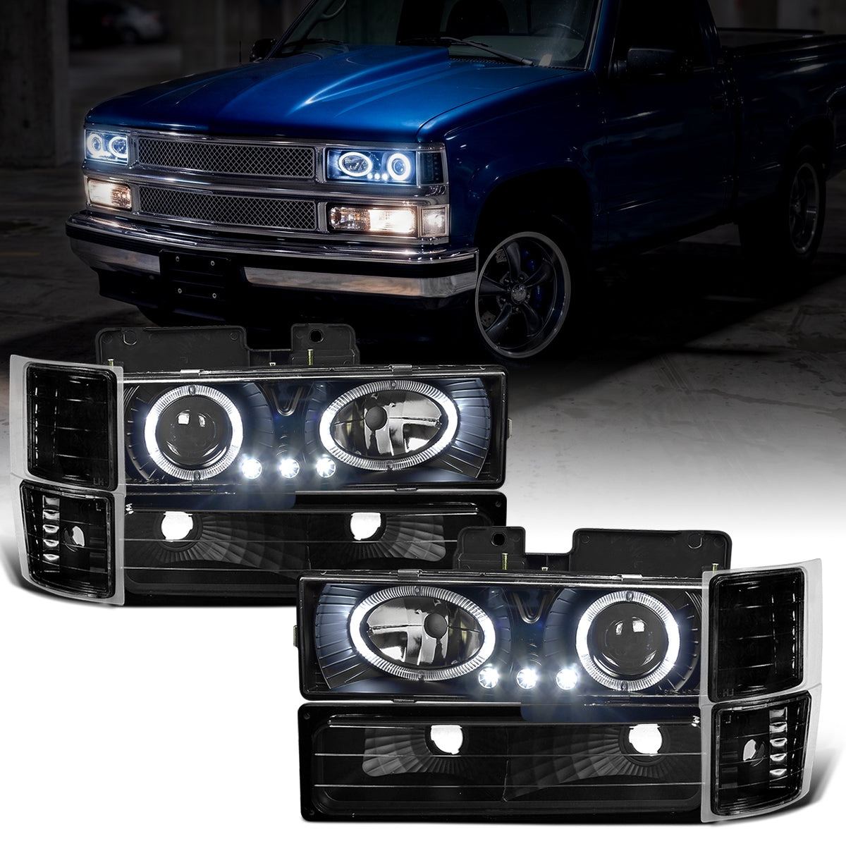 1994-1998 Chevy C10 C/K 1500 2500 3500 Silverado Suburban Tahoe Clear Reflector Headlights + Signal Corner + Bumper Parking Lights Assembly Pair | Black
